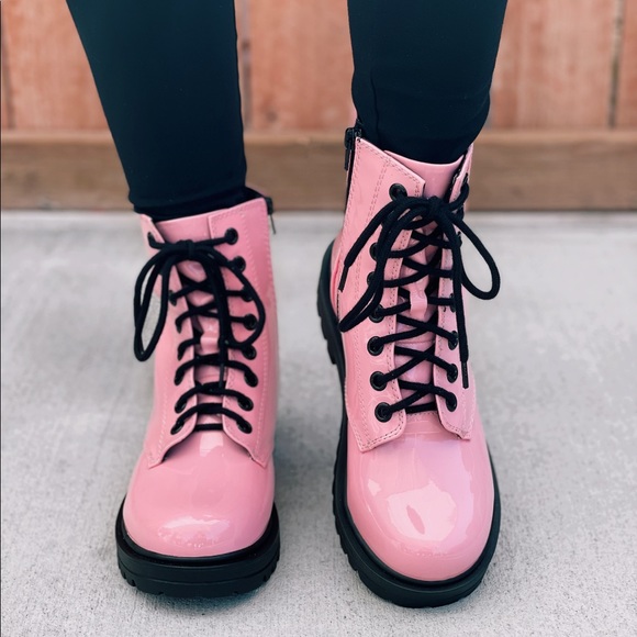 Pink Lace up Combat Boots - Picture 2 of 11